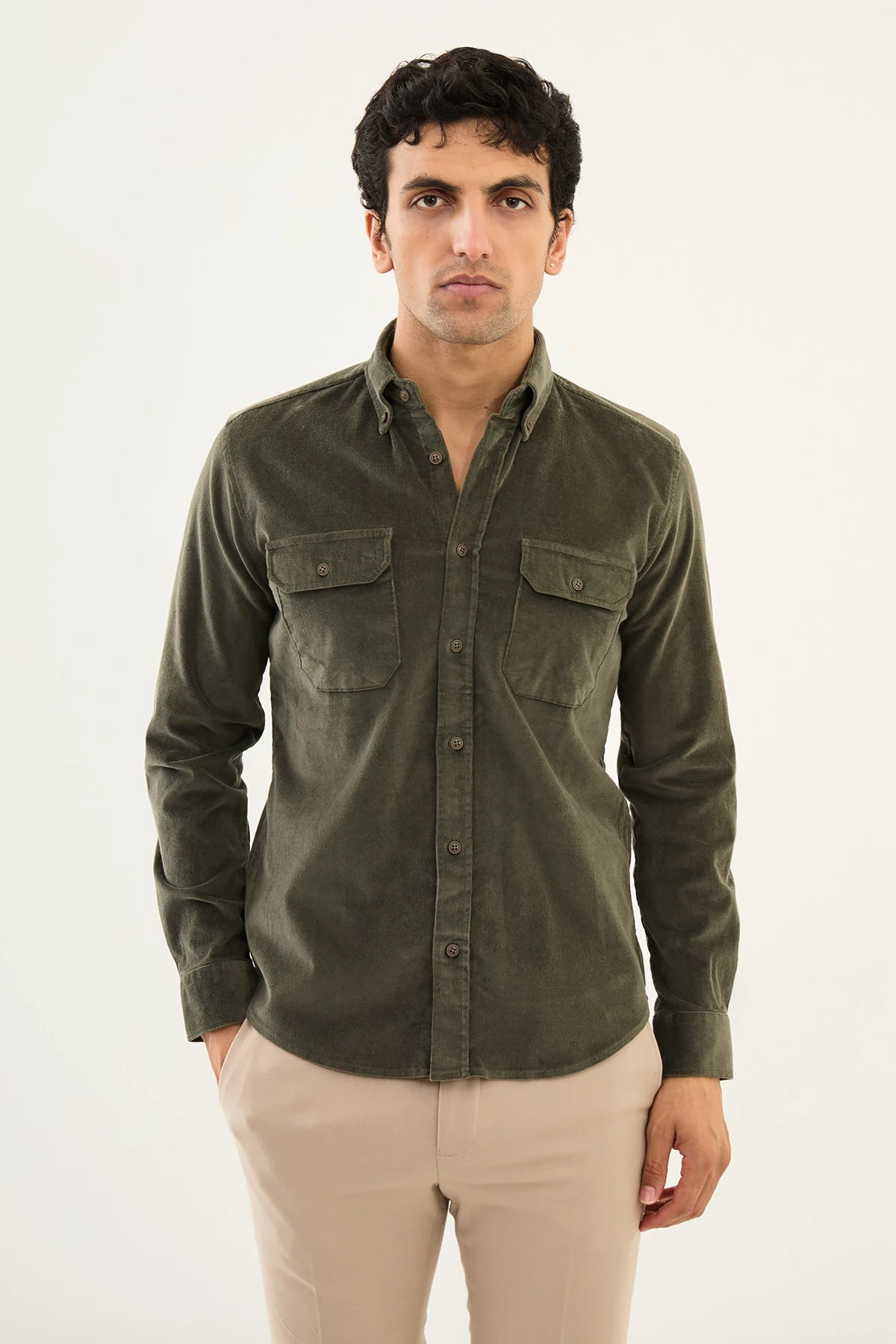 Bojoni Capena Hidden Button Slim Fit Khaki Velvet Shirt