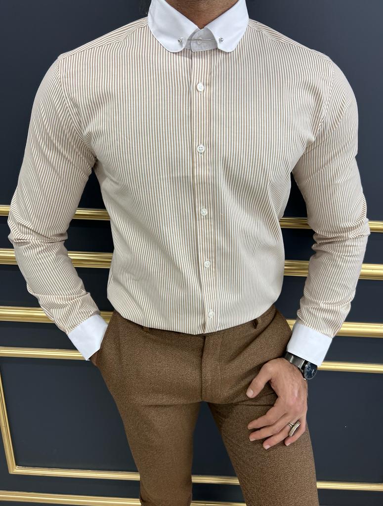 Leon Slim Fit Baby Collared Beige Striped Shirt