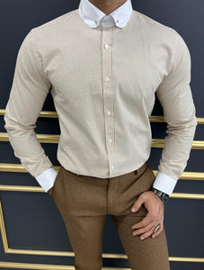 Leon Slim Fit Baby Collared Beige Striped Shirt