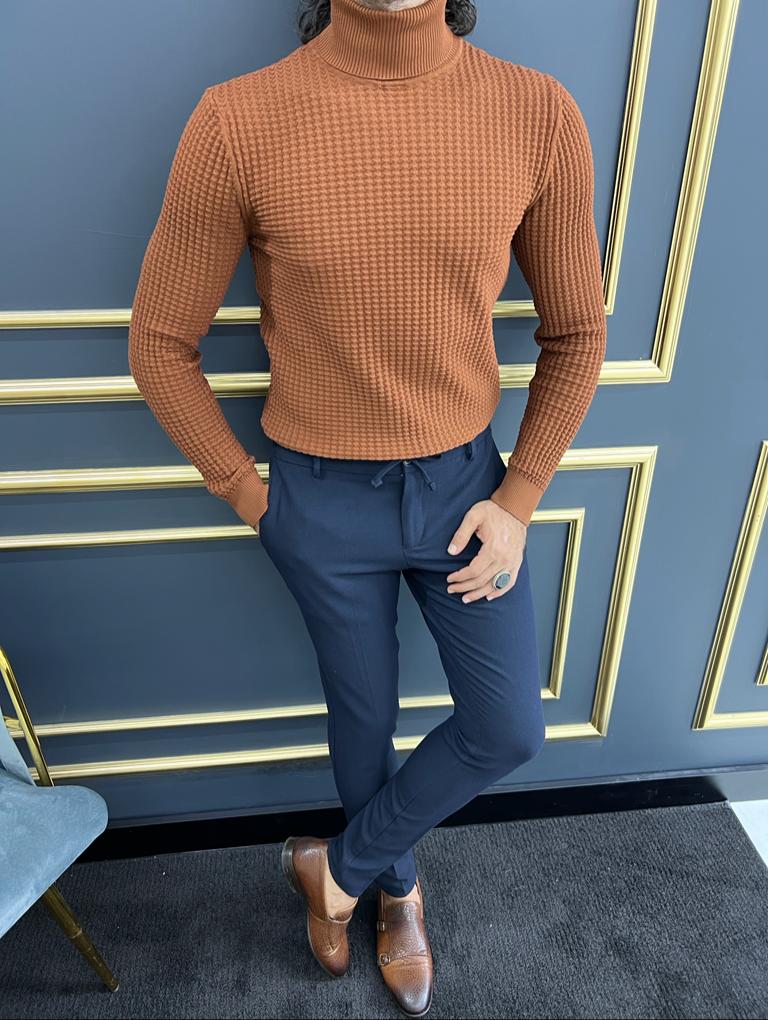 Thread Slim Fit Custom Design Half Collared Textured Camel Turtleneck