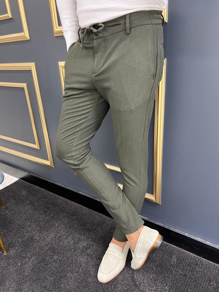 Thread Slim Fit Rope Detailed Khaki Trouser