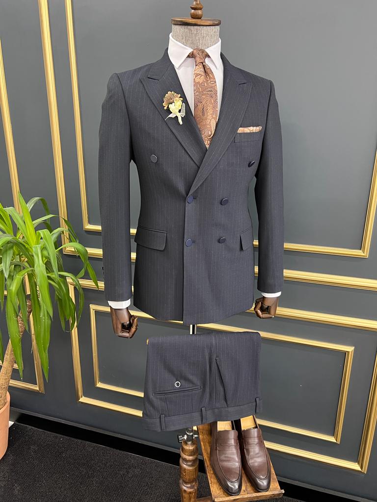 Rick Slim Fit Striped Double Breasted Blue Suit