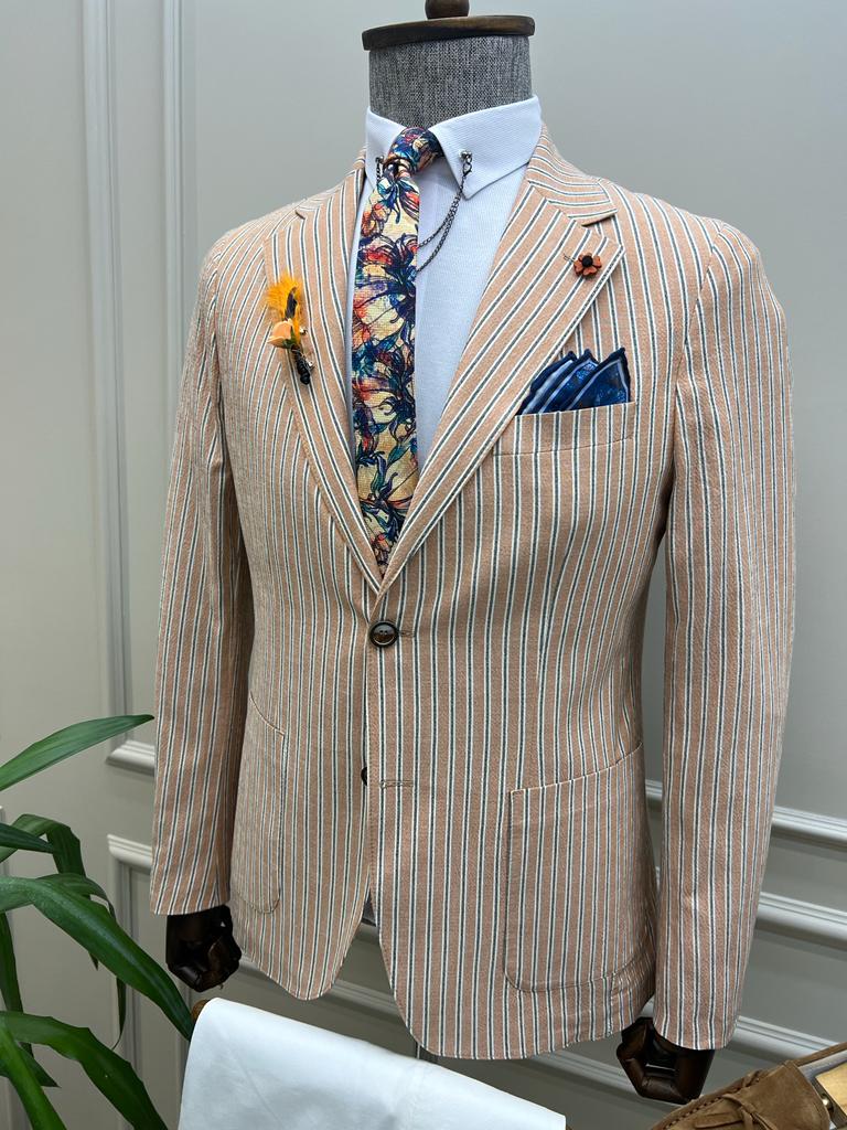 Giovanni Mannelli Slim Fit Striped Camel Blazer