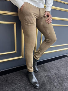 Rick Slim Fit Plaid Striped Camel Trouser