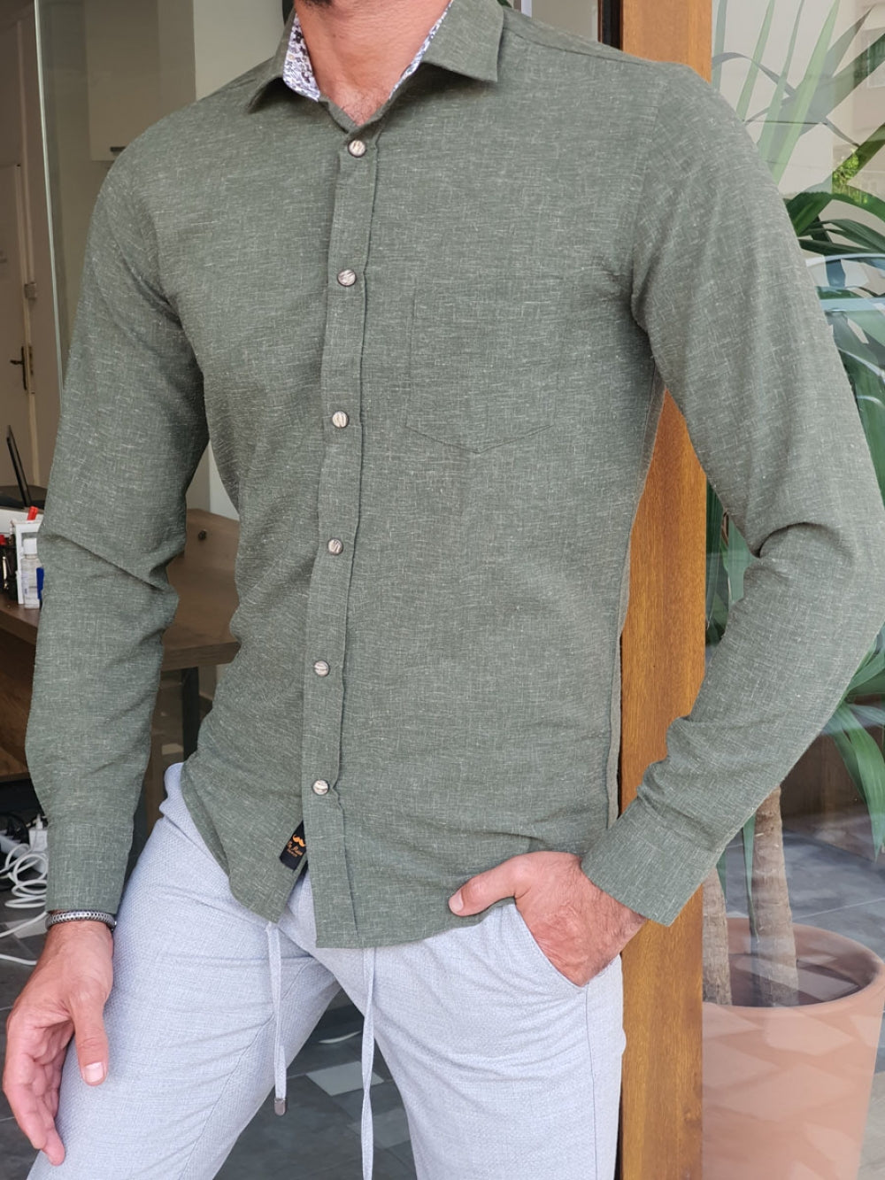 Major Khaki Slim Fit Patterned Shirt-baagr.myshopify.com-Shirt-BOJONI