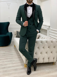 Partoni Royal Velvet Shawl Green Slim Fit Tuxedo-baagr.myshopify.com-1-BOJONI