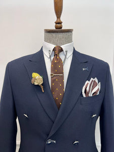 Rick Slim Fit Special Design Double Breasted Blue Detailed Suit