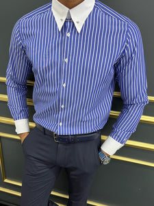 Bojoni Uluwatu Slim Fit Italian Collar Striped Blue Shirt