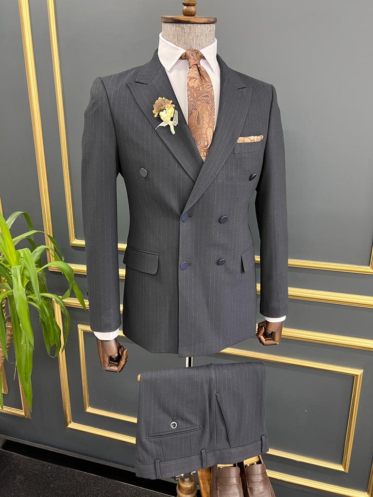 Rick Slim Fit Striped Double Breasted Blue Suit