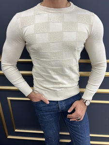 Rick Sli Fit Round Neck Beige Plaid Sweater