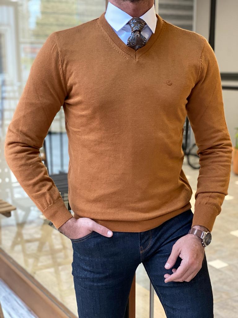 Bojoni Turino Camel Slim Fit V-Neck Sweater-baagr.myshopify.com-sweatshirts-BOJONI