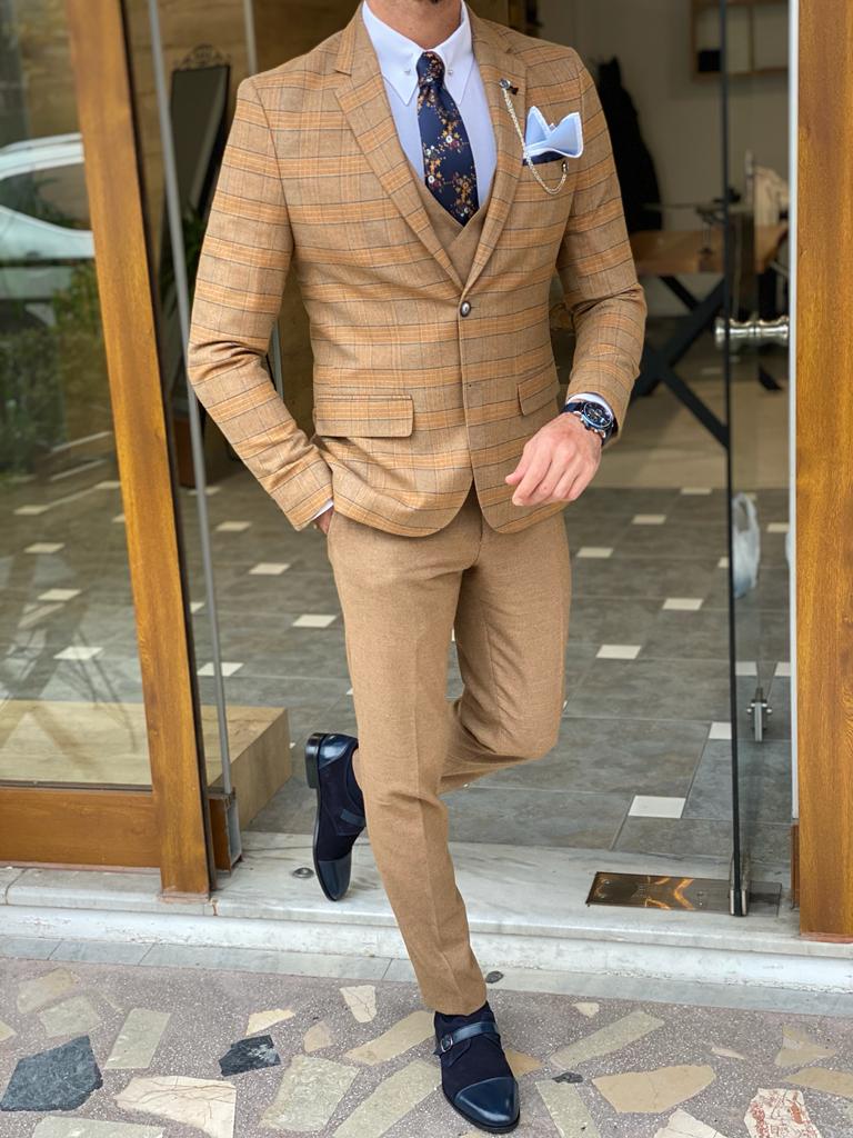 Bojoni Argeli Camel Slim Fit Plaid Check Suit-baagr.myshopify.com-suit-BOJONI