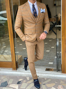 Bojoni Argeli Camel Slim Fit Plaid Check Suit-baagr.myshopify.com-suit-BOJONI