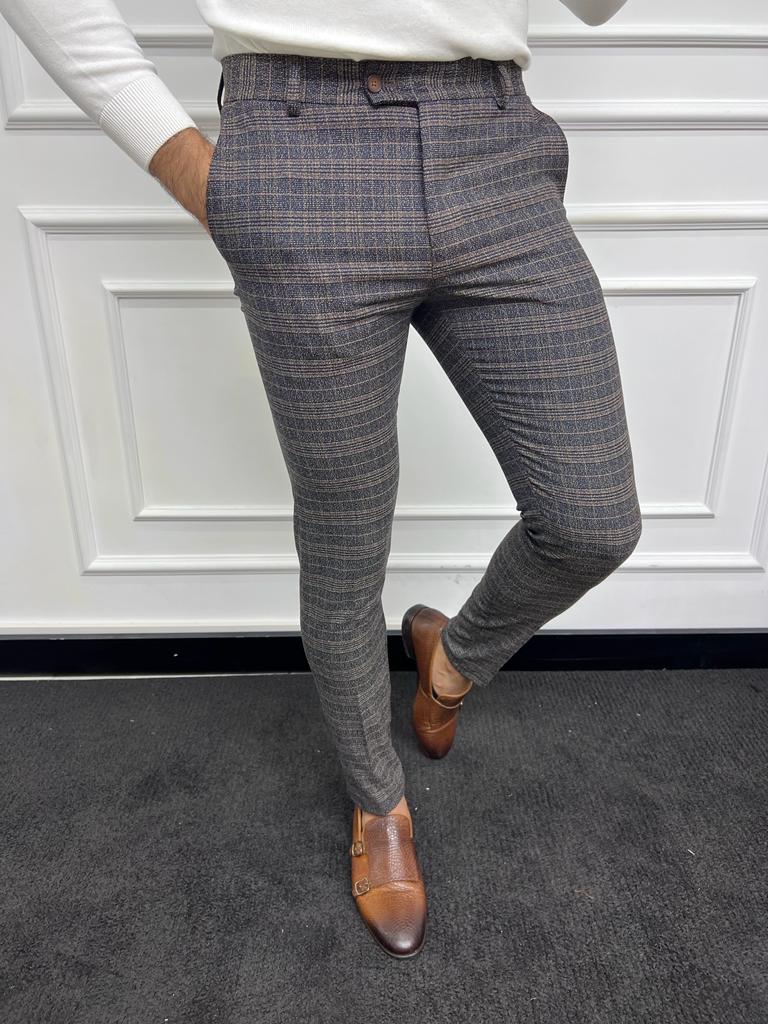 Bojoni Astoria Navy Blue Slim Fit Plaid Wool Pants