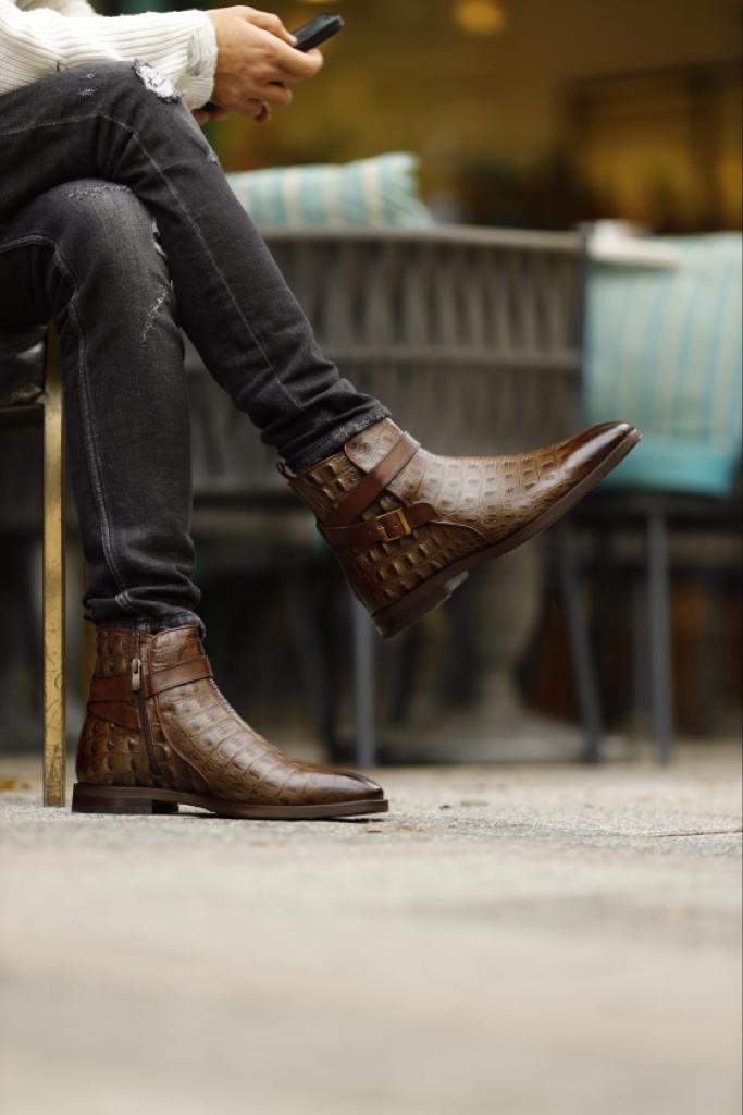 Bojoni Dover Brown Crocodile Pattern Chelsea Buckle Boots