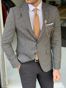 Bojo Gray Slim Fit Peak Lapel Patterned Wool Blazer-baagr.myshopify.com-blazers-BOJONI