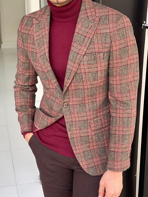 Bojo Burgundy Slim Fit Peak Lapel Wool Plaid Blazer-baagr.myshopify.com-blazers-BOJONI