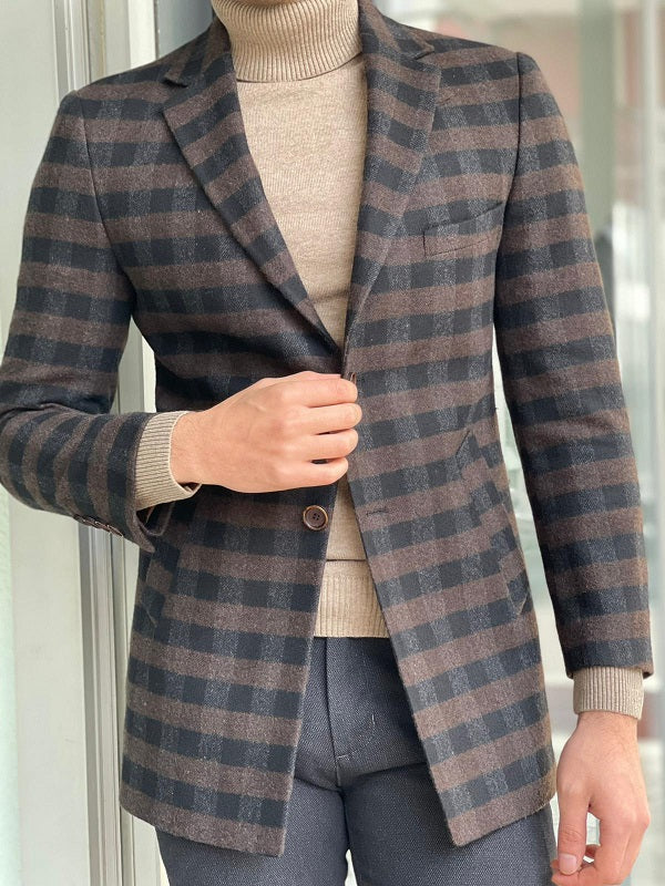 Clemson Brown Slim Fit Plaid Wool Long Coat-baagr.myshopify.com-Jacket-brabion