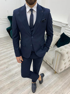 Shagori Navy Blue Slim Fit Peak Lapel Suit