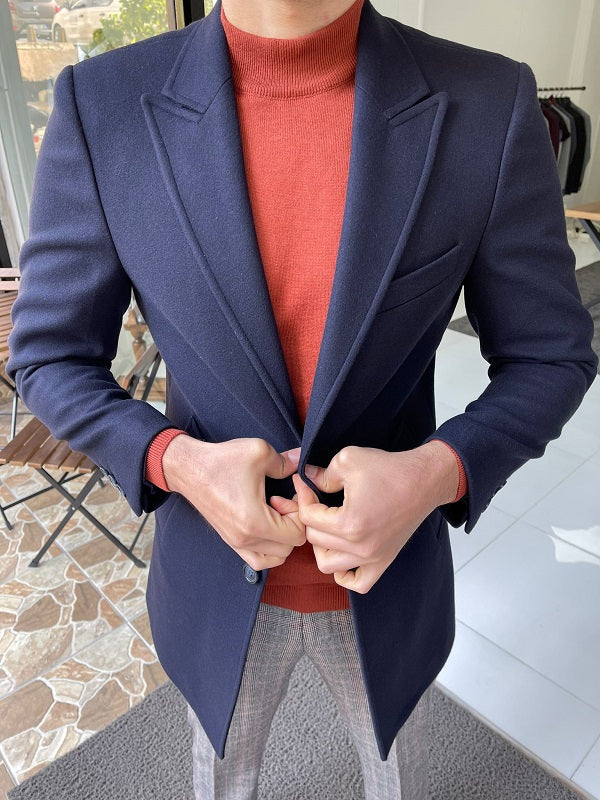 Bojo Navy Blue Slim Fit Single Breasted Wool Long Coat-baagr.myshopify.com-Jacket-BOJONI