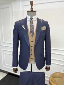 Bojoni Diamond Shagor Stepo Navy Blue Slim Fit Peak Lapel Combination Suit