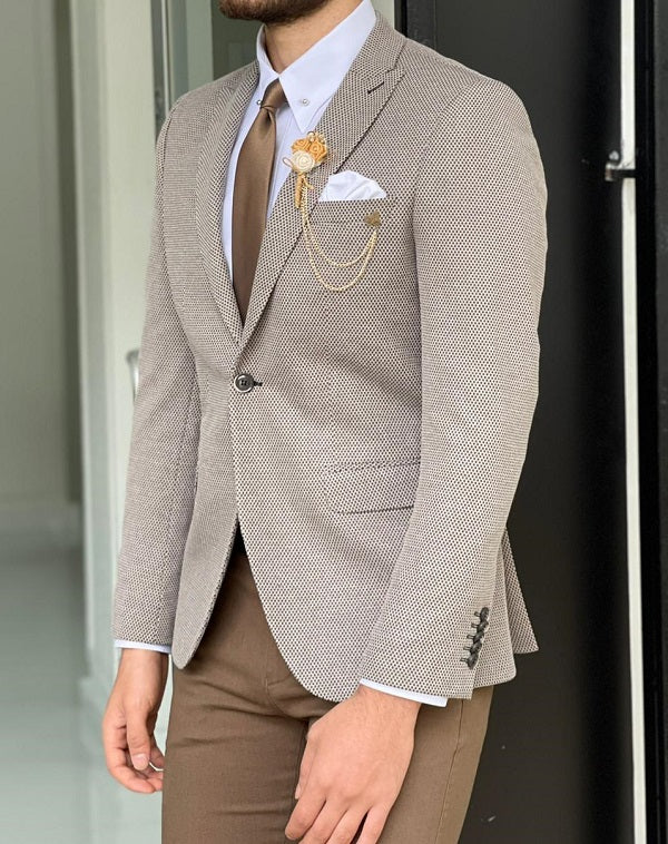 Lorelli Beige Slim Fit Peak Lapel Wool Blazer-baagr.myshopify.com-blazers-BOJONI