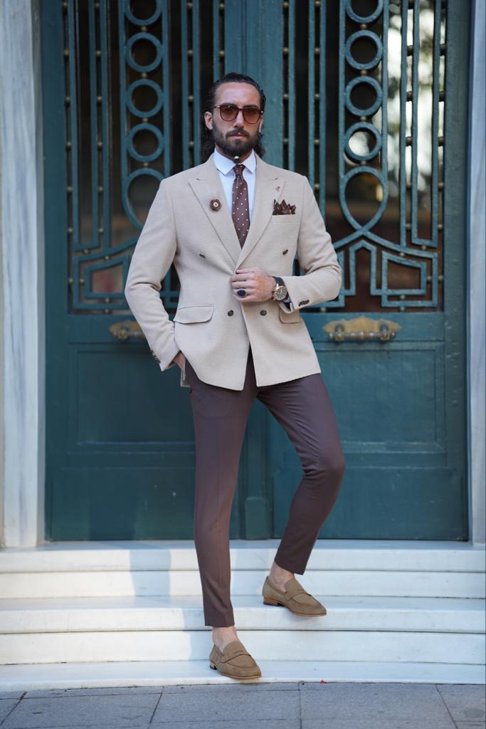 Thread Slim Fit Beige Double Breasted Blazer