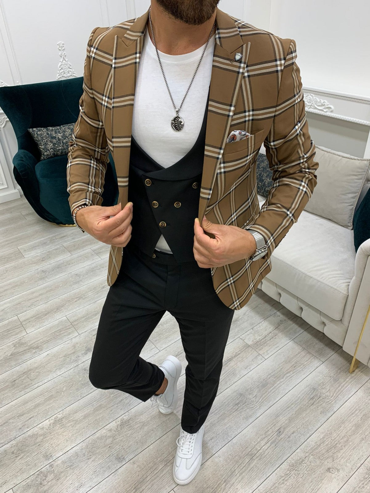 Areni Brown Plaid Slim Fit Suit-baagr.myshopify.com-1-BOJONI