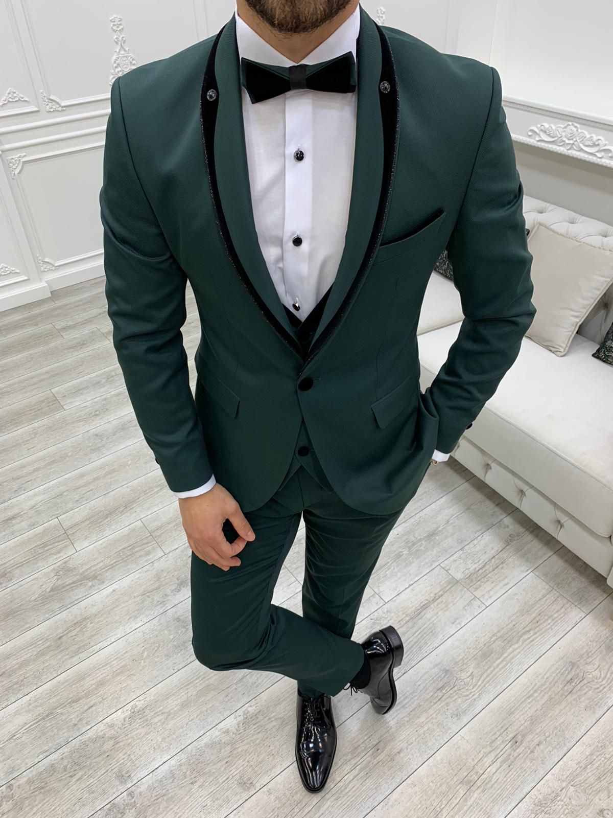 Partoni Royal Shawl Green Slim Fit Tuxedo-baagr.myshopify.com-1-BOJONI