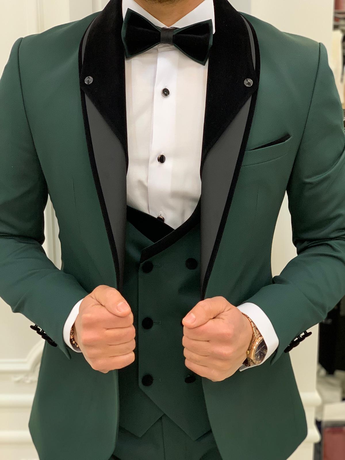 Partoni Royal Velvet Shawl Green Slim Fit Tuxedo-baagr.myshopify.com-1-BOJONI