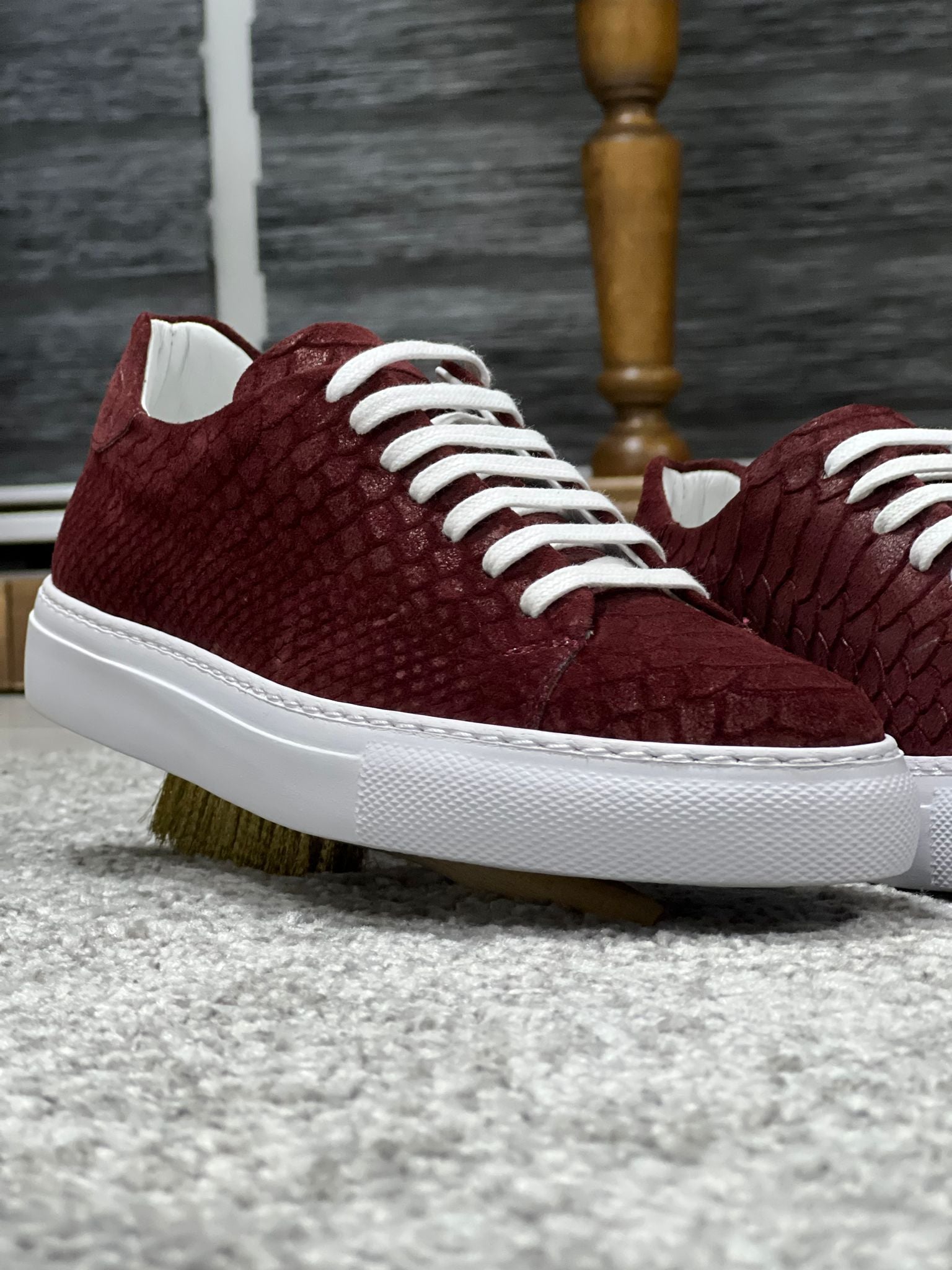 Louis Special Edition Rubber Sole Suede Print Leather Burgundy Sneakers