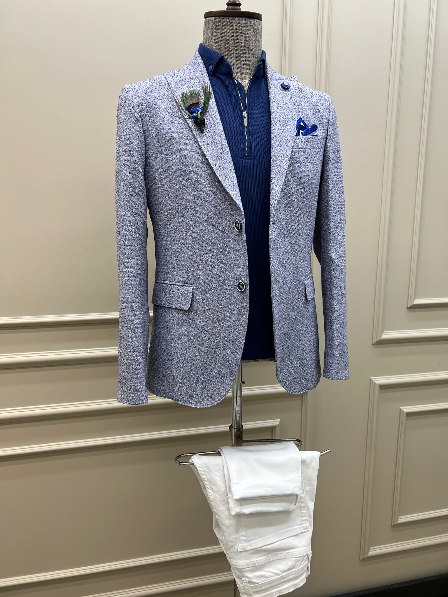 Giovanni Mannelli Slim Fit Dot Detailed Blue Blazer