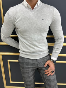 Leon Slim Fit V-Neck Grey Sweater