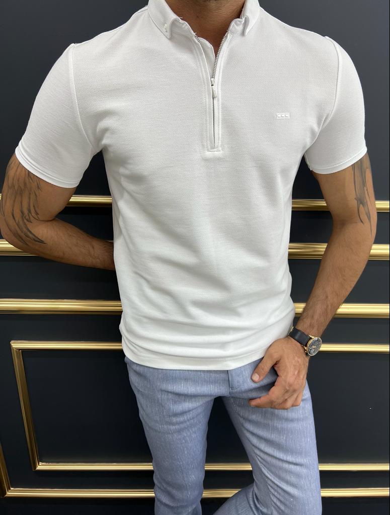 Bojoni Uluwatu Slim Fit White Zippered Polo Tees