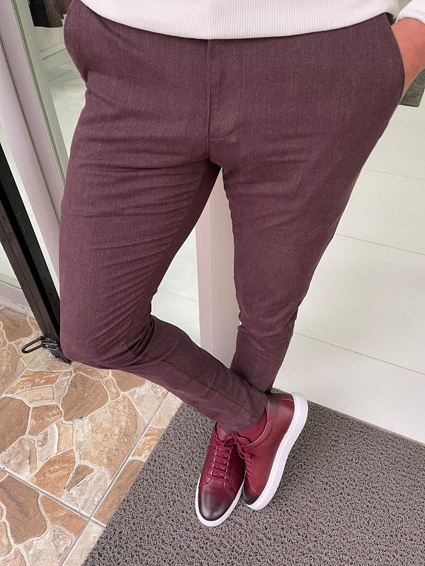 Bastoni Burgundy Slim Fit Cotton Lycra Pants-baagr.myshopify.com-Pants-BOJONI