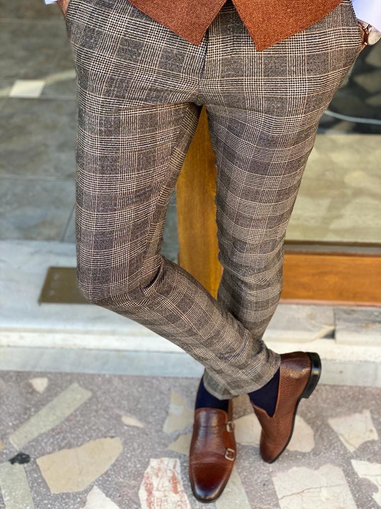 Frezo Beige Slim Fit Plaid Cotton Pants-baagr.myshopify.com-Pants-BOJONI