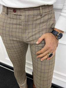 Bojoni Astoria Camel Slim Fit Plaid Wool Pants