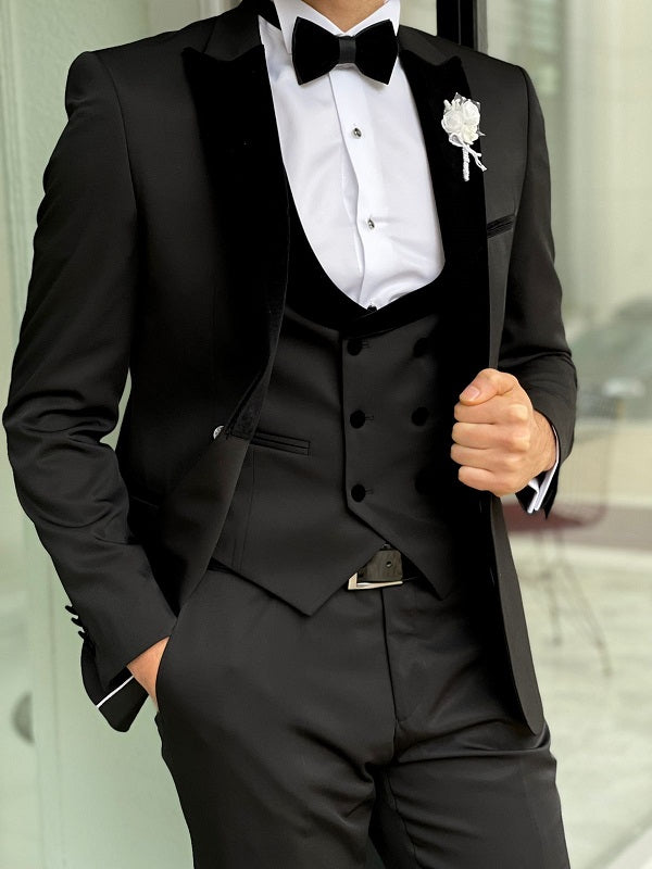 Abruzzo Black Slim Fit Velvet Peak Lapel Wool Tuxedo-baagr.myshopify.com-suit-BOJONI