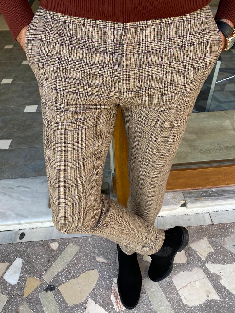 Frezo Beige Slim Fit Plaid Pants-baagr.myshopify.com-Pants-BOJONI