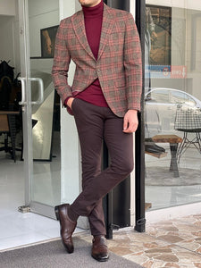 Bojo Burgundy Slim Fit Peak Lapel Wool Plaid Blazer-baagr.myshopify.com-blazers-BOJONI