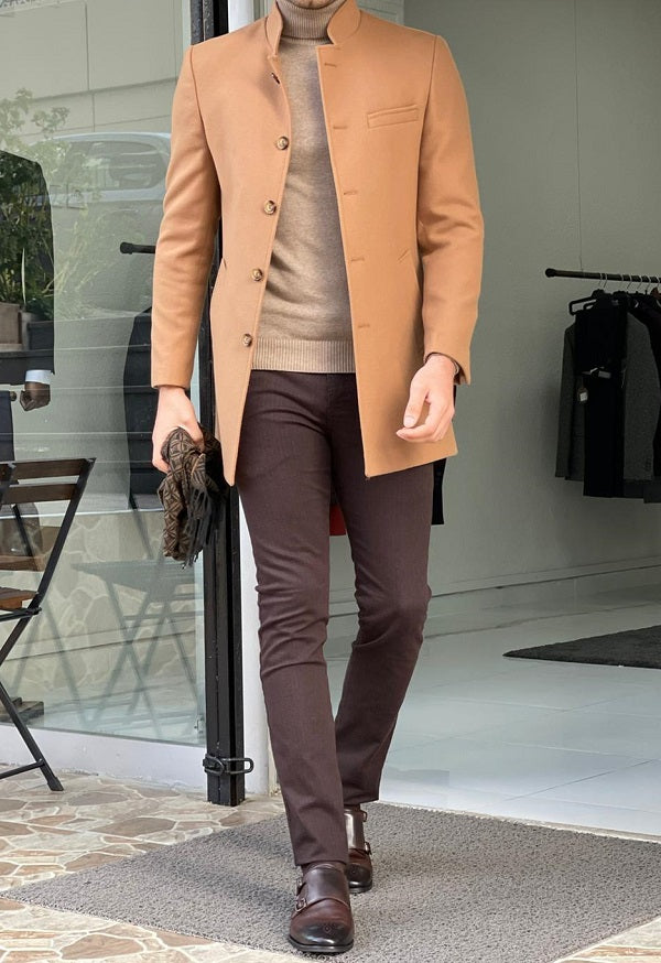 Bojo Camel Slim Fit Judge Collar Wool Long Coat-baagr.myshopify.com-Jacket-BOJONI