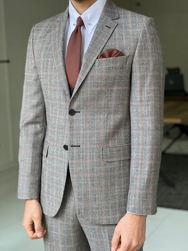 Bojo Beige Slim Fit Notch Lapel Plaid Wool Suit-baagr.myshopify.com-suit-BOJONI