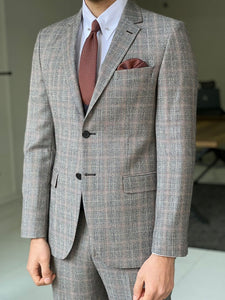 Bojo Beige Slim Fit Notch Lapel Plaid Wool Suit-baagr.myshopify.com-suit-BOJONI