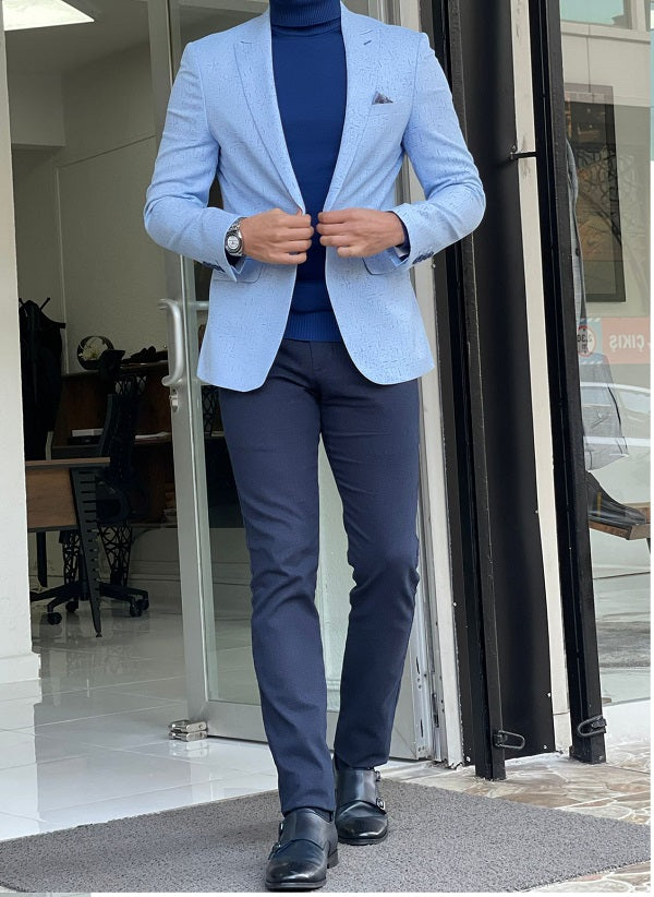 Bojo Blue Slim Fit Patterned Linen Blazer-baagr.myshopify.com-blazers-BOJONI