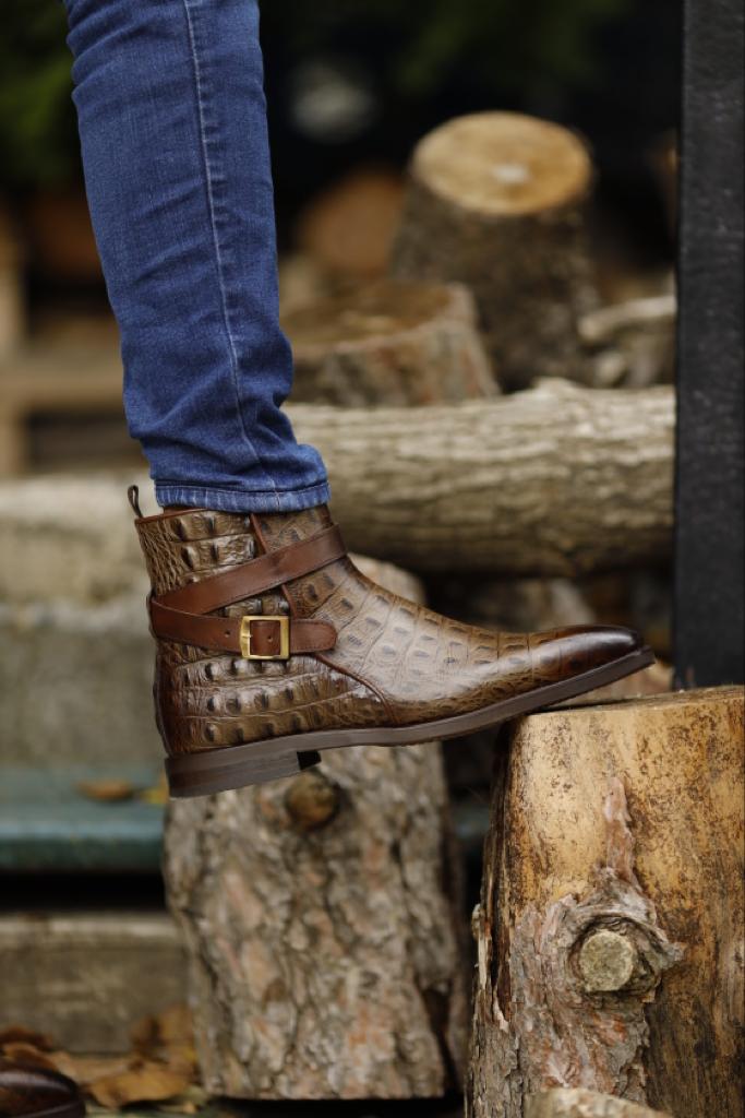 Bojoni Dover Brown Crocodile Pattern Chelsea Buckle Boots