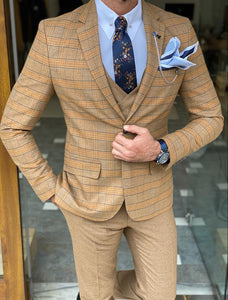 Bojoni Argeli Camel Slim Fit Plaid Check Suit-baagr.myshopify.com-suit-BOJONI