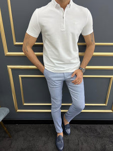 Bojoni Uluwatu Slim Fit White Zippered Polo Tees