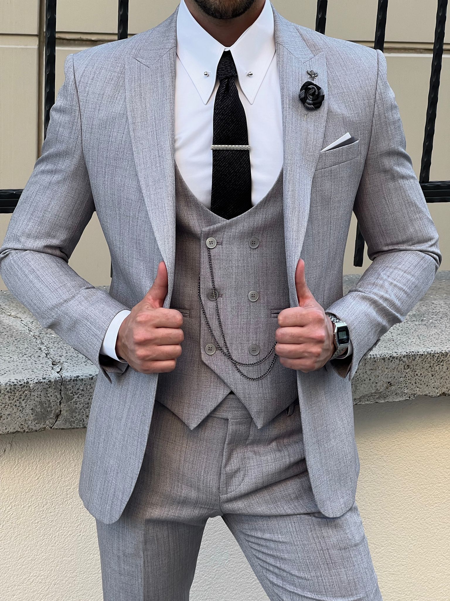 Bojoni Astoria Slim Fit Self-Patterned Pointed Gray Suit