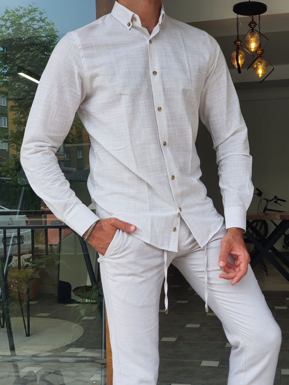 Major Beige Slim Fit Striped Linen Shirt-baagr.myshopify.com-Shirt-BOJONI