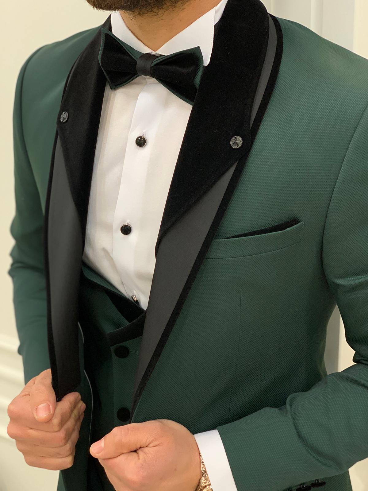 Partoni Royal Velvet Shawl Green Slim Fit Tuxedo-baagr.myshopify.com-1-BOJONI